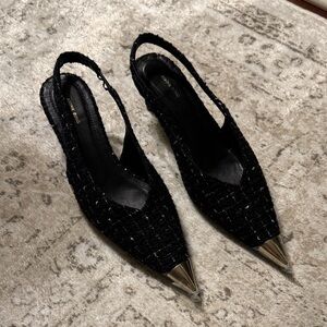 Anine Bing Black and Gold Slingback Heels